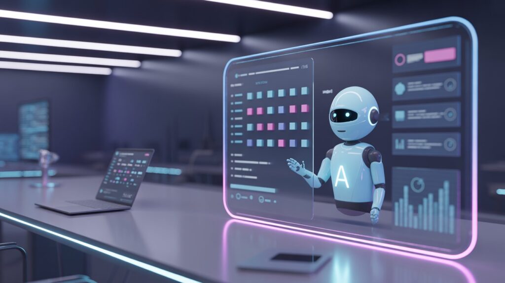 Futuristic dashboard interface displaying AI agents automating daily scheduling and data entry.