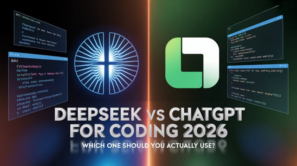 A developer using VS Code with DeepSeek vs ChatGPT for Coding 2026 AI extensions to solve complex backend bugs.