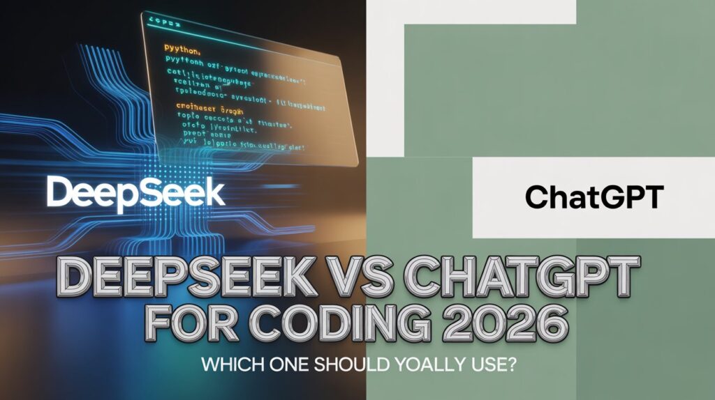Futuristic 3D logos representing the DeepSeek vs ChatGPT for Coding 2026 battle in the artificial intelligence industry.