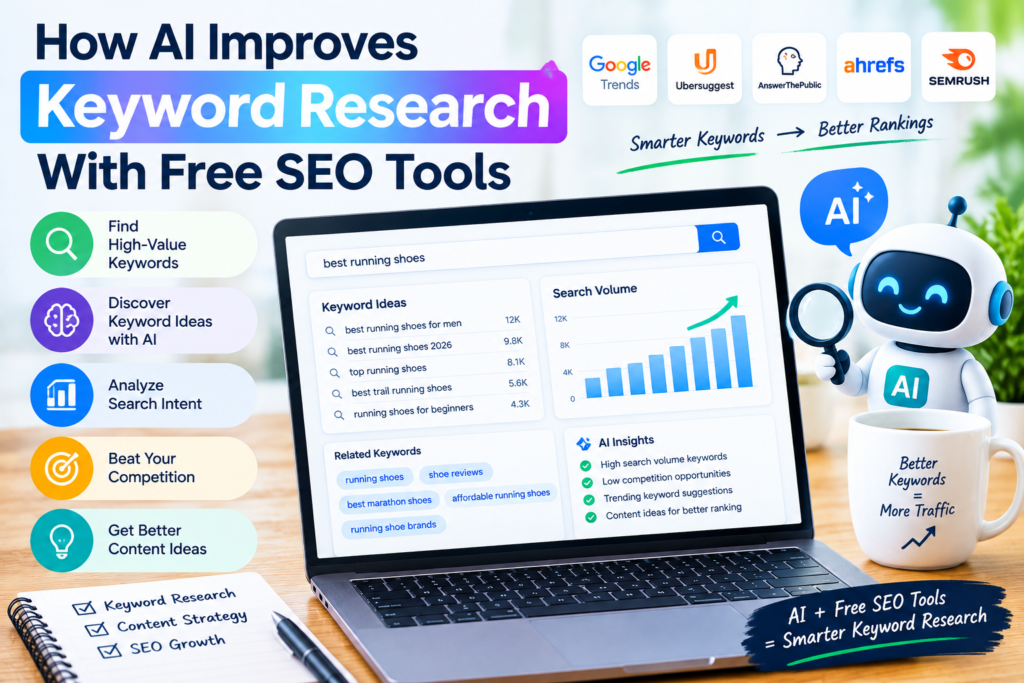 How AI Improves Keyword Research With Free SEO Tools, showing AI-powered keyword ideas, search volume, search intent, and SEO insights.