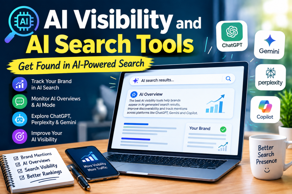 AI visibility and AI search tools banner showing AI-powered search, SEO analytics, and tools like ChatGPT, Gemini, Perplexity, Ahrefs, and Semrush.