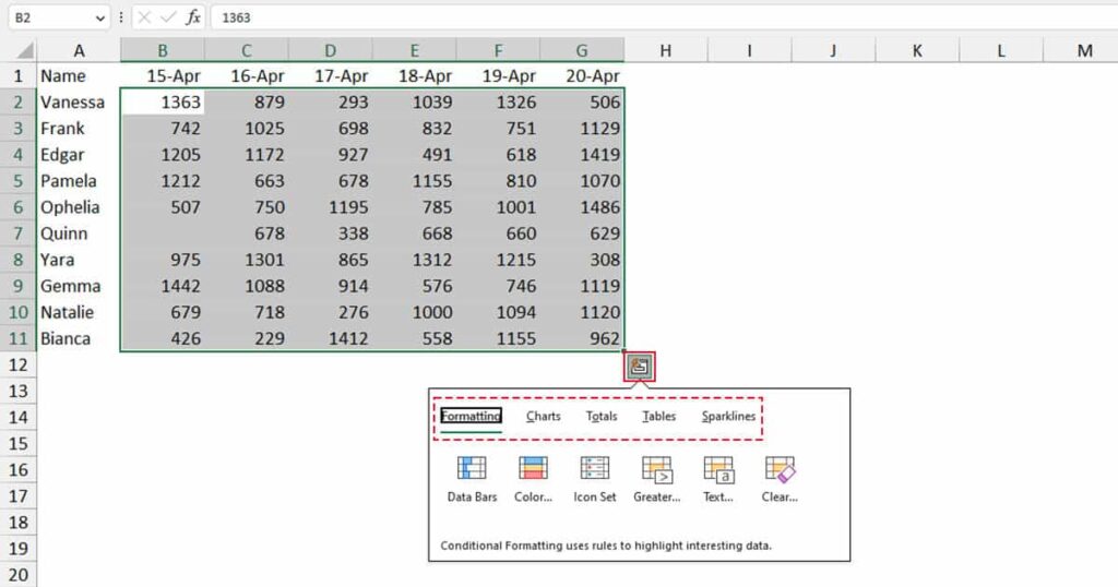  Quick Analysis Tool in Excel for charts, formatting, and financial data analysis